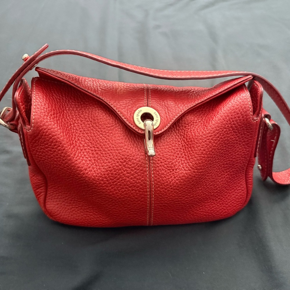 Kate Spade Red Leather Textured Shoulder Bag with Gold Clasp Detail